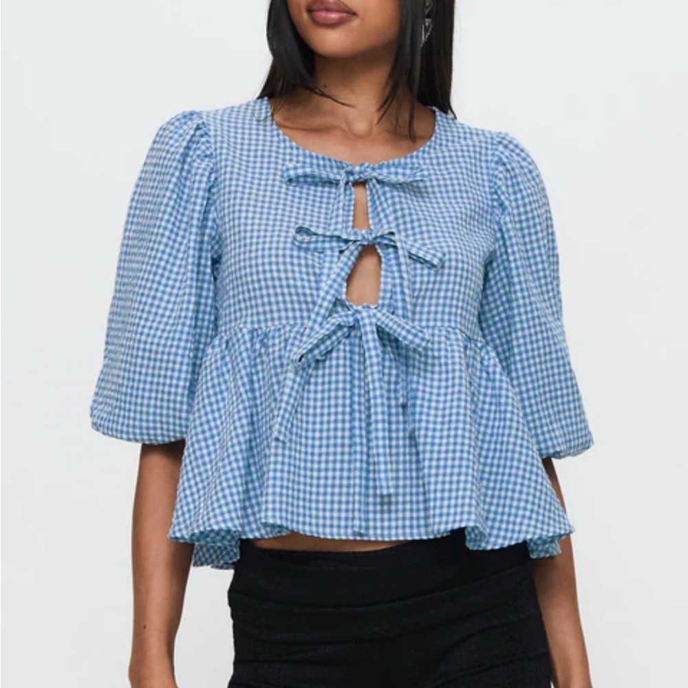 Princess Polly Blue Gingham Tie-Front Puff Sleeve Women's Blouse